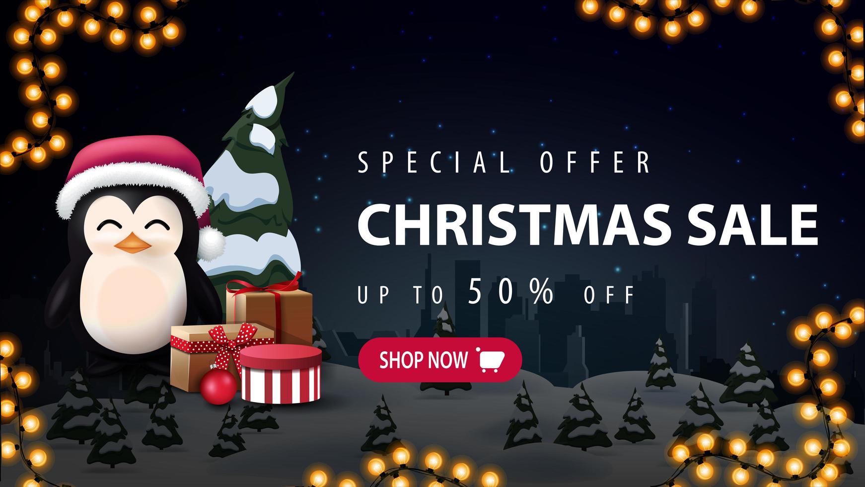 Special offer, Christmas sale, up to 30 off, beautiful discount banner with night winter landscape, silhouette city on horizontal and penguin in Santa Claus hat with presents vector