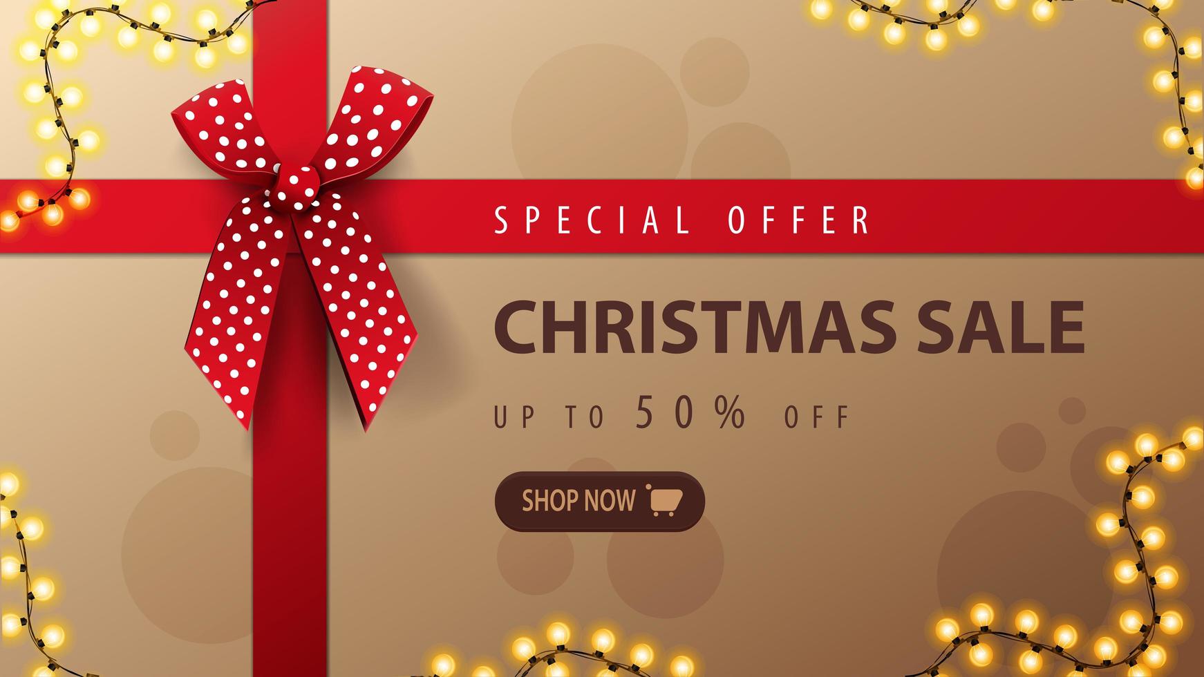 Special offer, Christmas sale, up to 50 off, discount banner in form of Christmas presents box with red ribbon and bow, top view vector