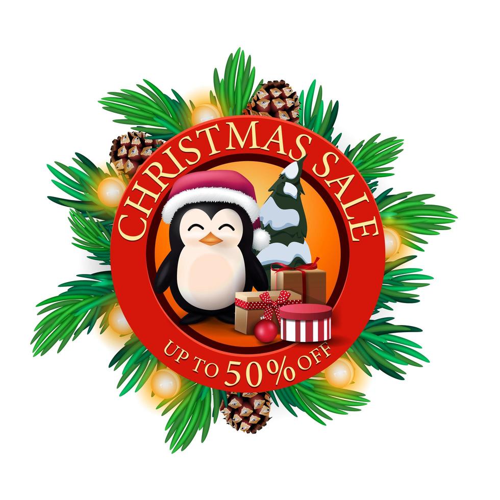 Christmas sale, up to 50 off, red round discount banner with Christmas tree branches, cones, bulbs and penguin in Santa Claus hat with presents vector