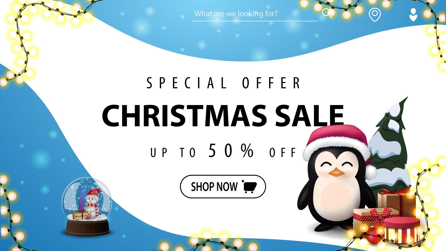 Special offer, Christmas sale, up to 50 off, blue and white discount banner with smooth lines, snow globe with snowmen inside and penguin in Santa Claus hat with presents vector