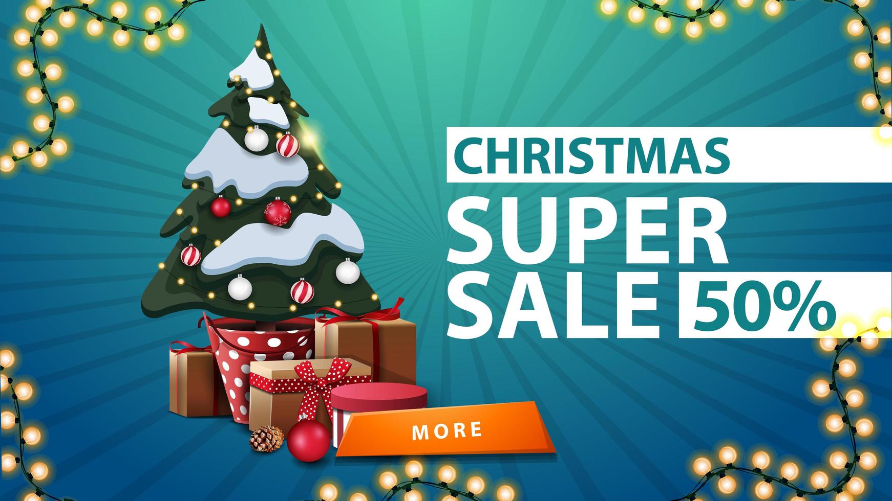 Christmas super sale, up to 50 off, blue discount banner with Christmas tree in a pot with gifts and orange button vector