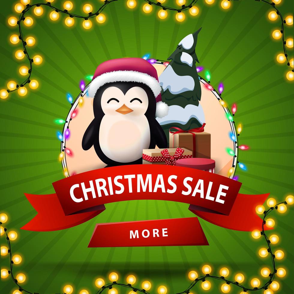 Venta de Navidad, banner de descuento redondo con cinta roja, botón, guirnalda y pingüino con gorro de Papá Noel con regalos vector