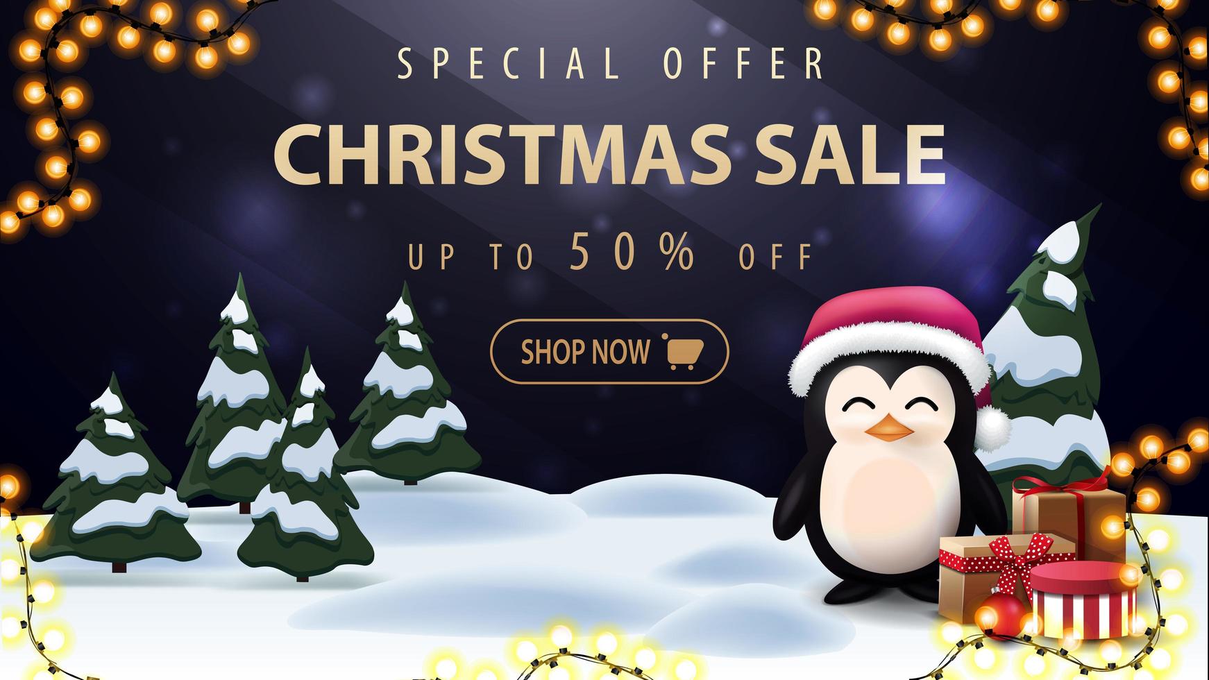 Special offer, Christmas sale, up to 50 off, beautiful dark and blue discount banner with gold lettering, cartoon winter forest and penguin in Santa Claus hat with presents vector