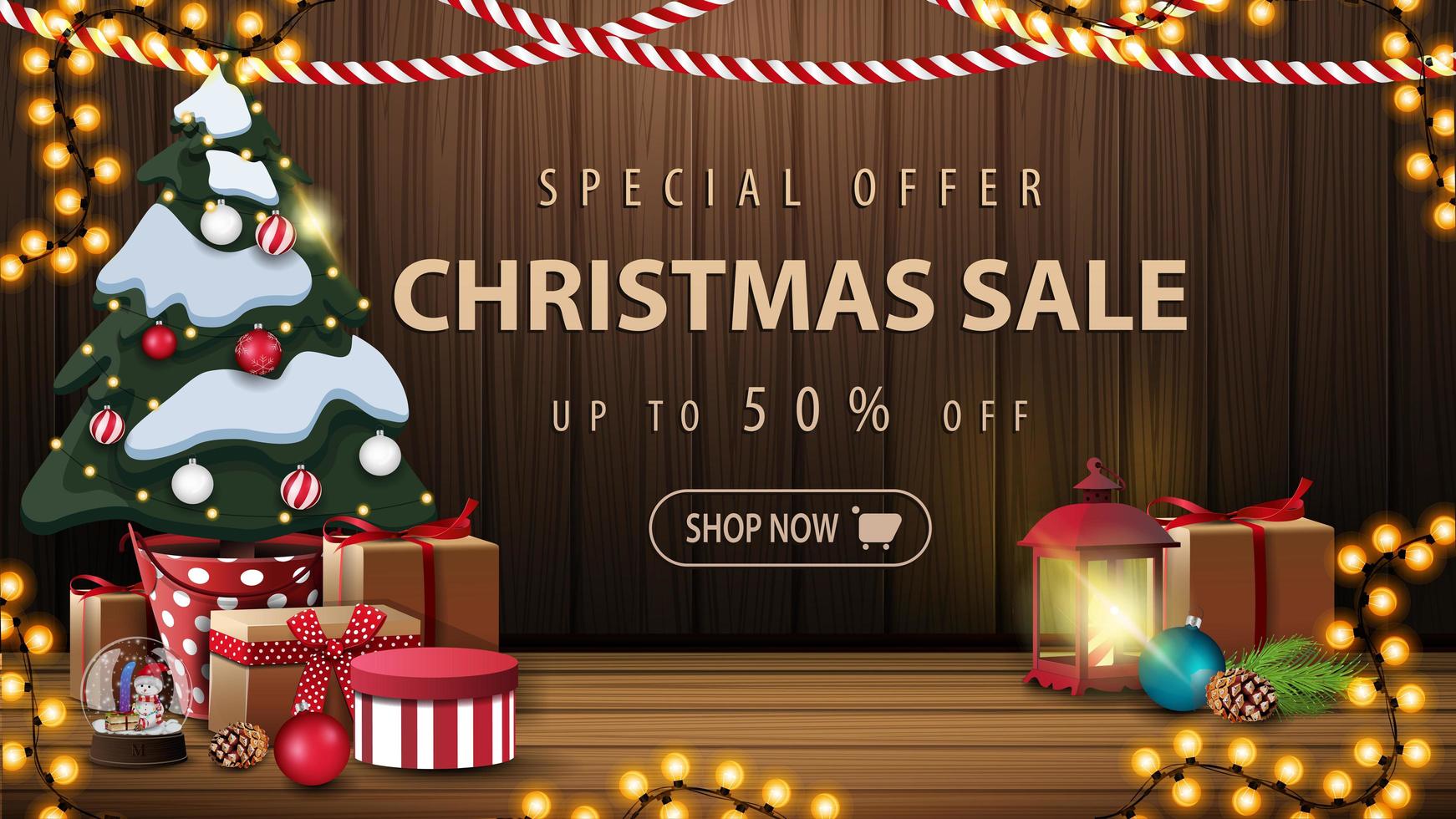 oferta especial, rebajas navideñas, hasta 50 de descuento, hermoso banner de descuento con decoración navideña, guirnaldas, linterna vintage y árbol de navidad en una maceta con regalos cerca de la pared de madera vector