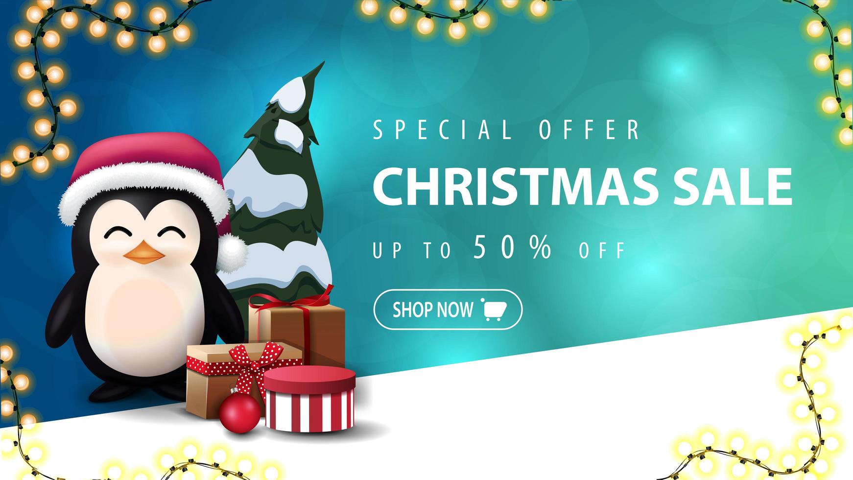 Oferta especial, venta de navidad, hasta 50 de descuento, banner de descuento azul con fondo borroso con bokeh y pingüino con gorro de santa claus con regalos vector