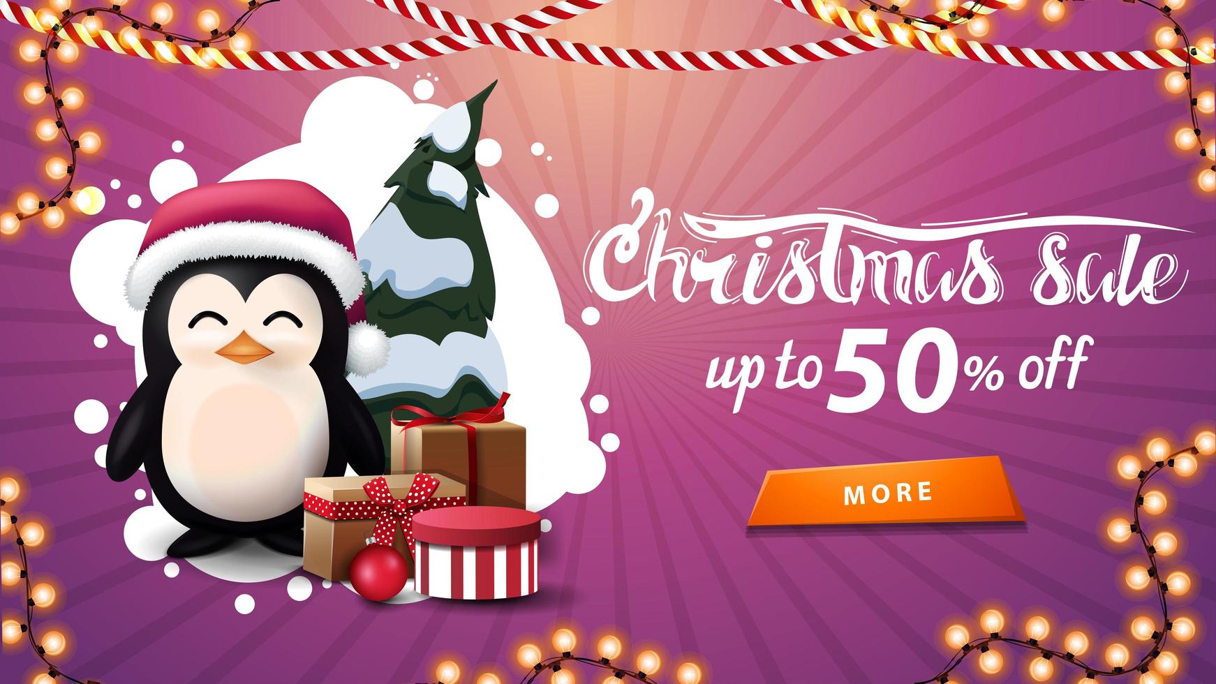 venta de navidad, hasta 50 de descuento, banner de descuento rosa con nube blanca abstracta, guirnaldas, botón y pingüino con gorro de santa claus con regalos vector