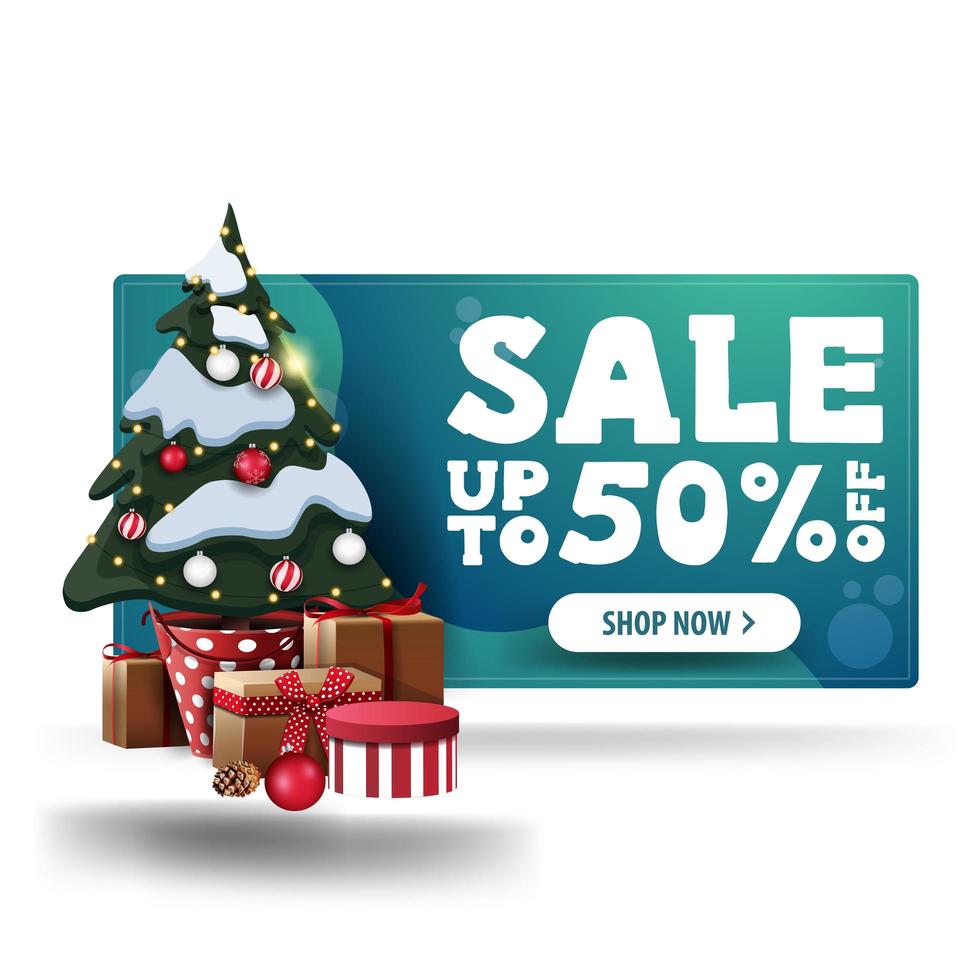 Banner 3d de descuento de Navidad verde, hasta 50 de descuento, con botón blanco y árbol de Navidad en una olla con regalos vector
