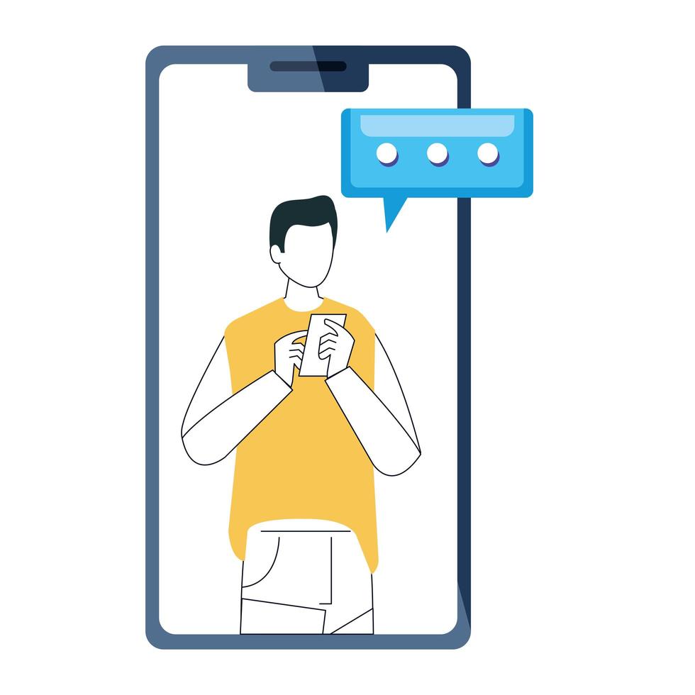 young man with smartphone on white background, social media, communication online concept vector