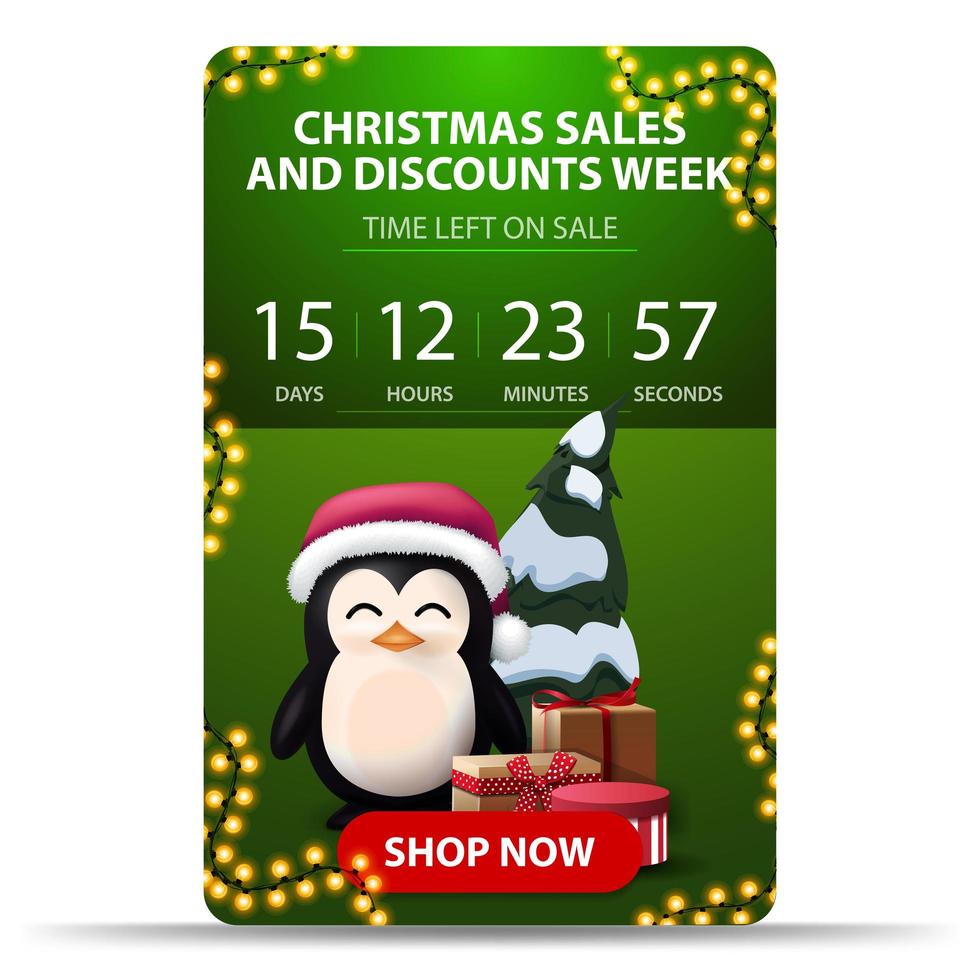 Ventas navideñas y semana de descuentos, banner vertical verde con temporizador de cuenta atrás, botón rojo y pingüino con gorro de santa claus con regalos vector