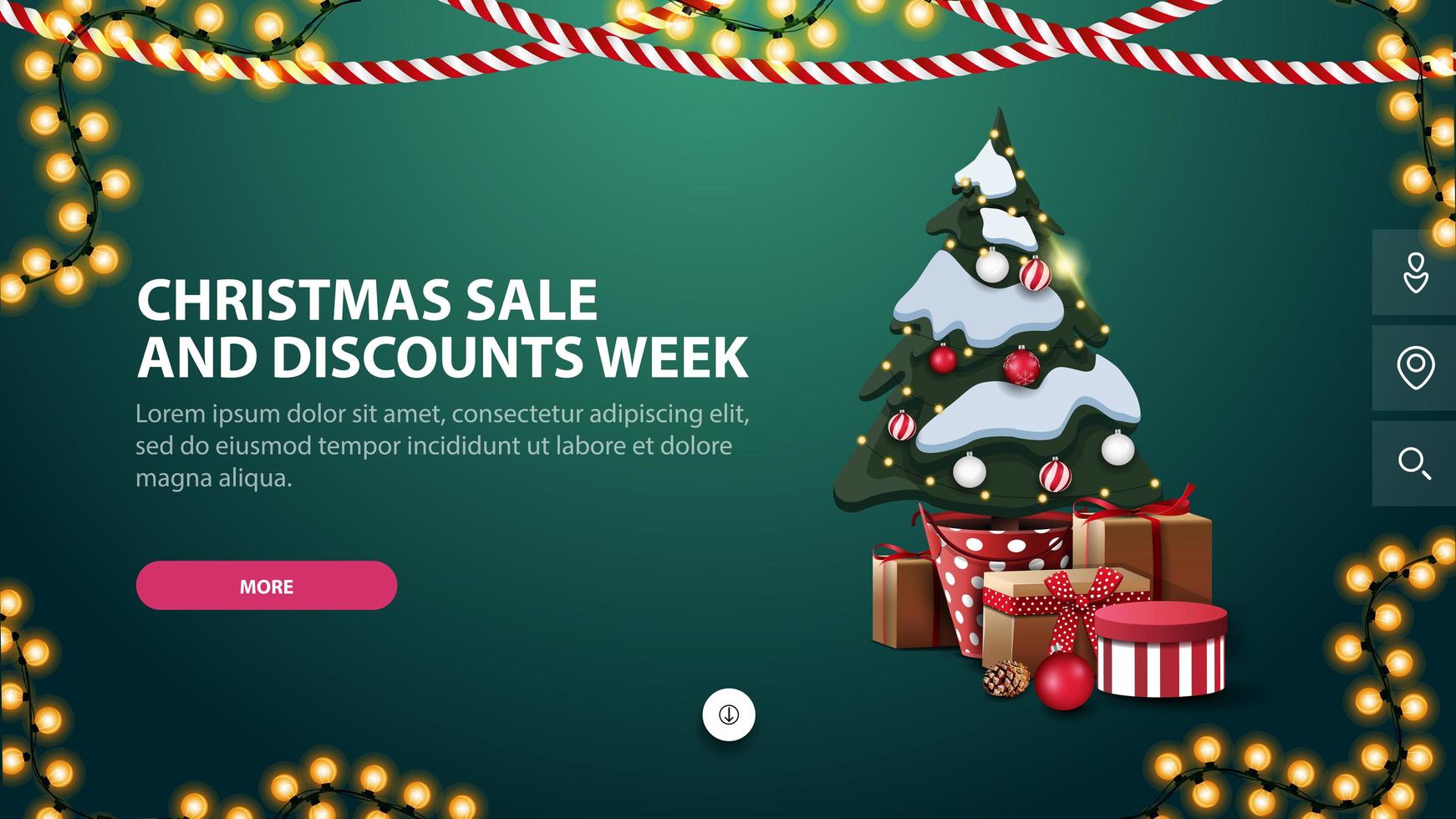 Christmas sale and discounts week, green banner with button, garlands and Christmas tree in a pot with gifts vector