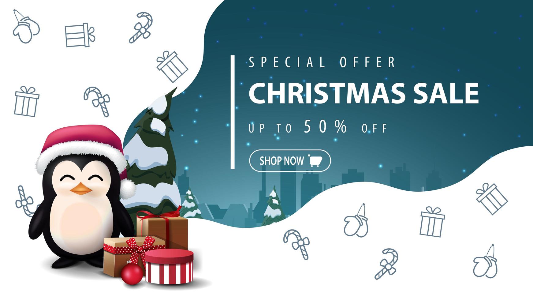 Special offer, Christmas sale, up to 50 off, beautiful white and blue discount banner with penguin in Santa Claus hat with presents and Christmas line icons, space imagination vector
