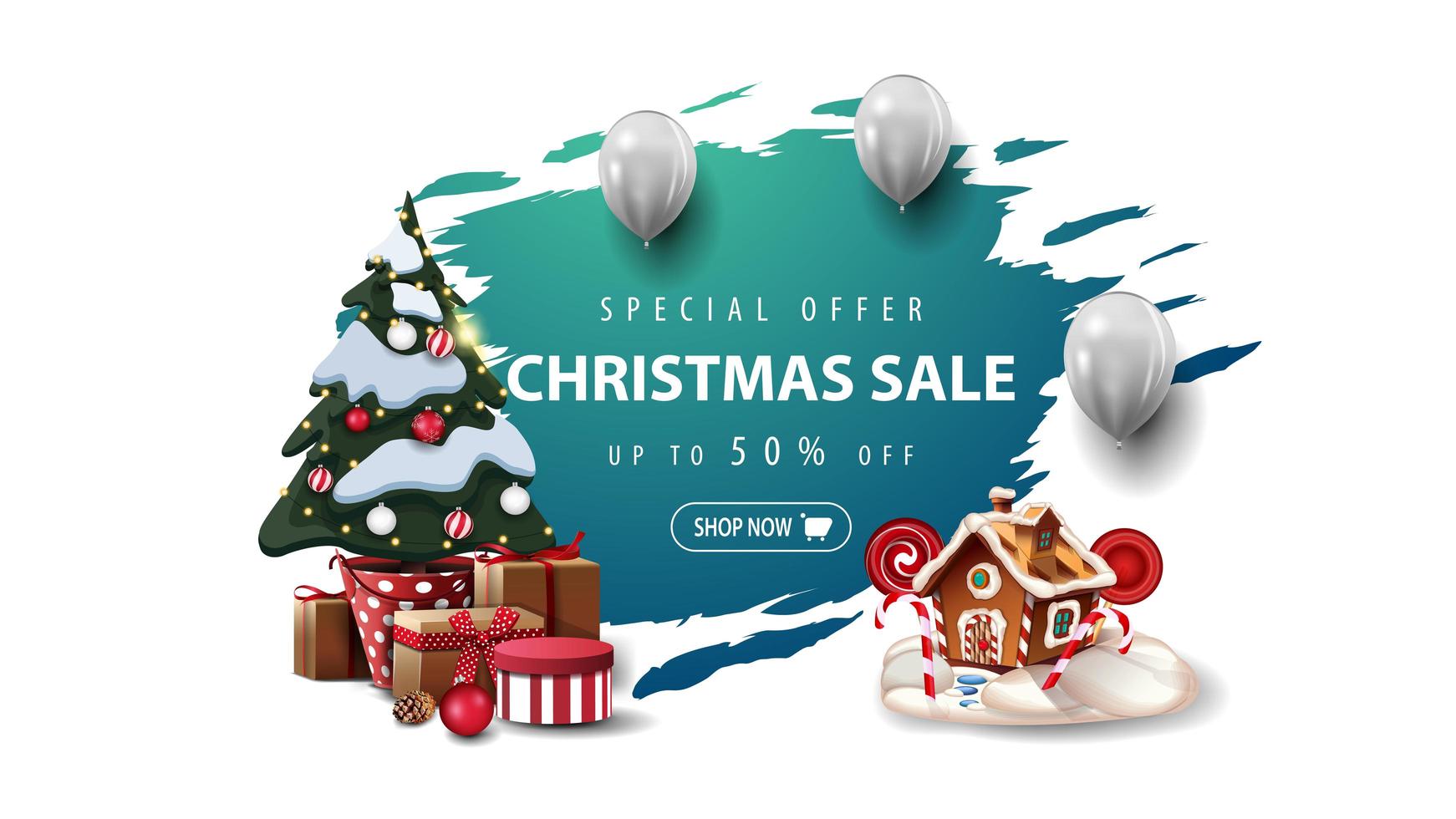 oferta especial, rebajas navideñas, hasta 50 de descuento, pancarta con globos blancos, arbol de navidad en maceta con regalos y casita navideña de jengibre. Banner rasgado azul aislado sobre fondo blanco. vector