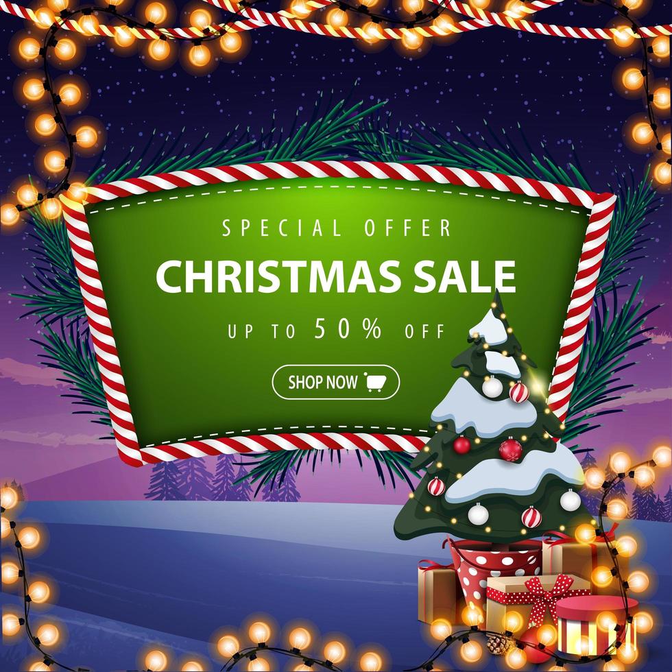 Special offer, Christmas sale, up to 50 off, green discount banner with Christmas tree branches, garland, winter landscape on the background and Christmas tree in a pot with gifts vector