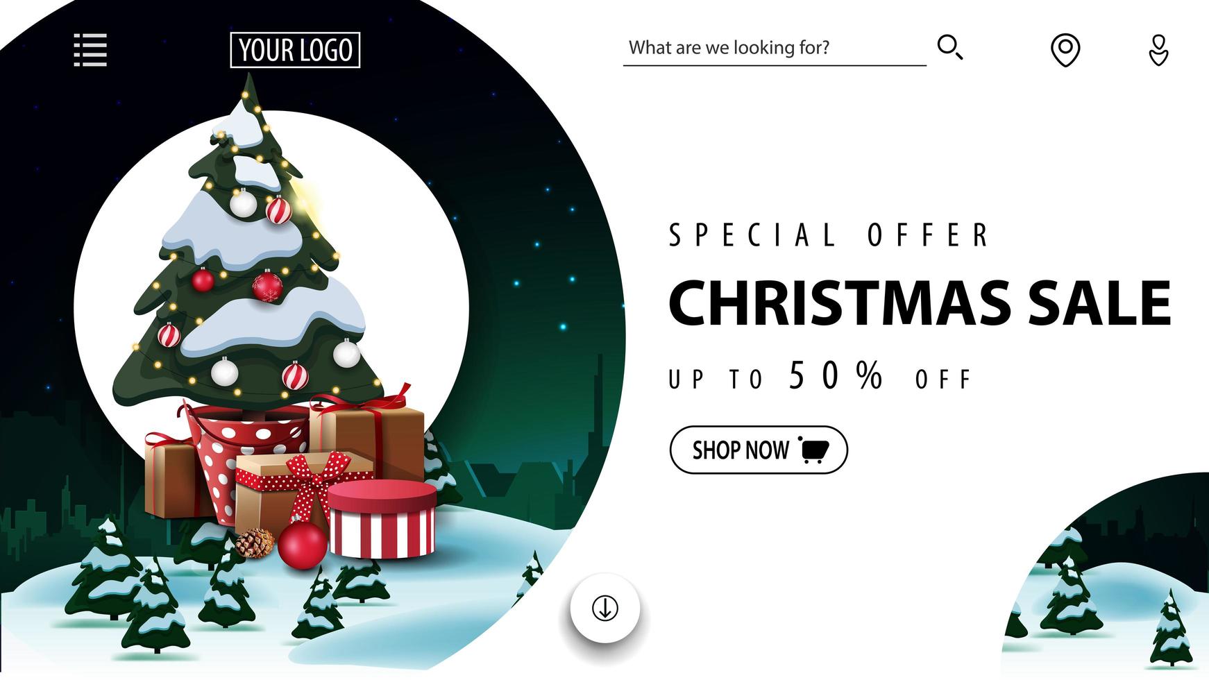 oferta especial, venta navideña, hasta 50 de descuento, hermoso sitio web enemigo con banner de descuento con paisaje invernal y árbol de navidad en una maceta con regalos vector