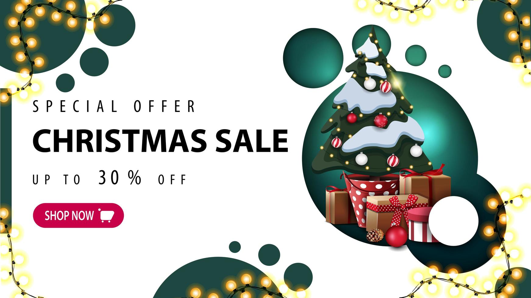 Special offer, Christmas sale, up to 30 off, discount banner with modern design with green circles and Christmas tree in a pot with gifts vector