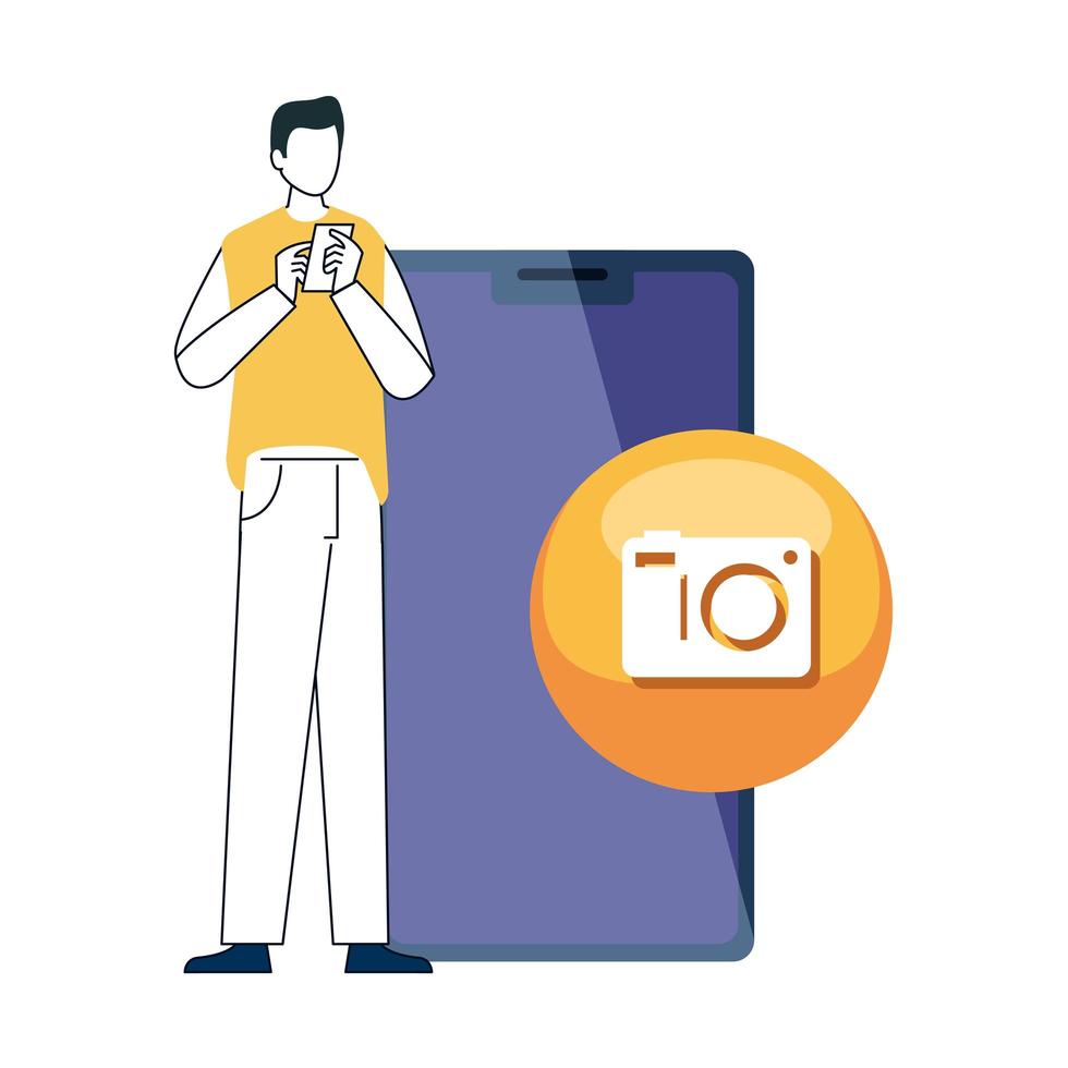 man and smartphone with camera, concept of online communication and social media on white background vector