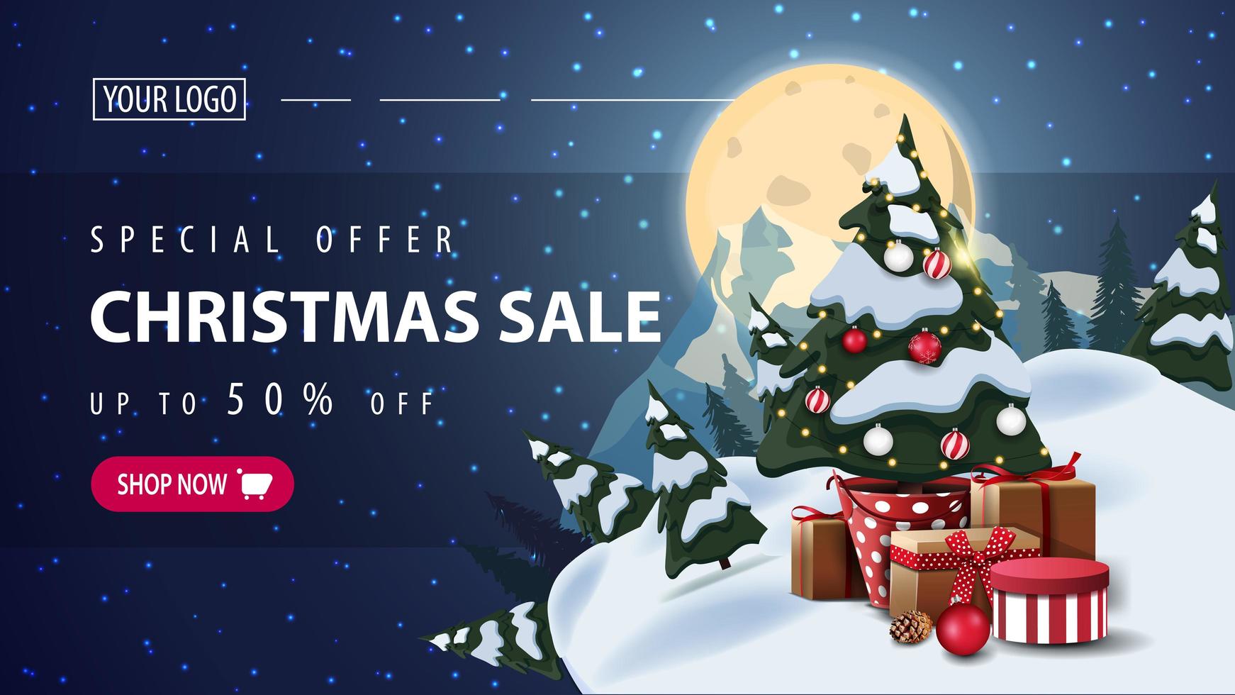 Special offer, Christmas sale, up to 50 off, horizontal discount web banner with starry night, full moon, silhouette of the planet and Christmas tree in a pot with gifts vector