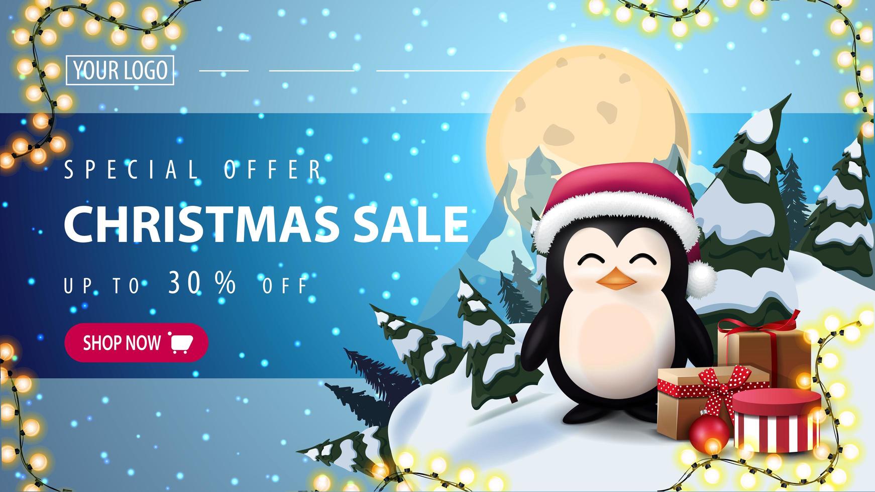 oferta especial, rebajas navideñas, hasta 30 de descuento, banner web de descuento horizontal con cielo estrellado, luna llena, montaña y pingüino con sombrero de santa claus con regalos vector