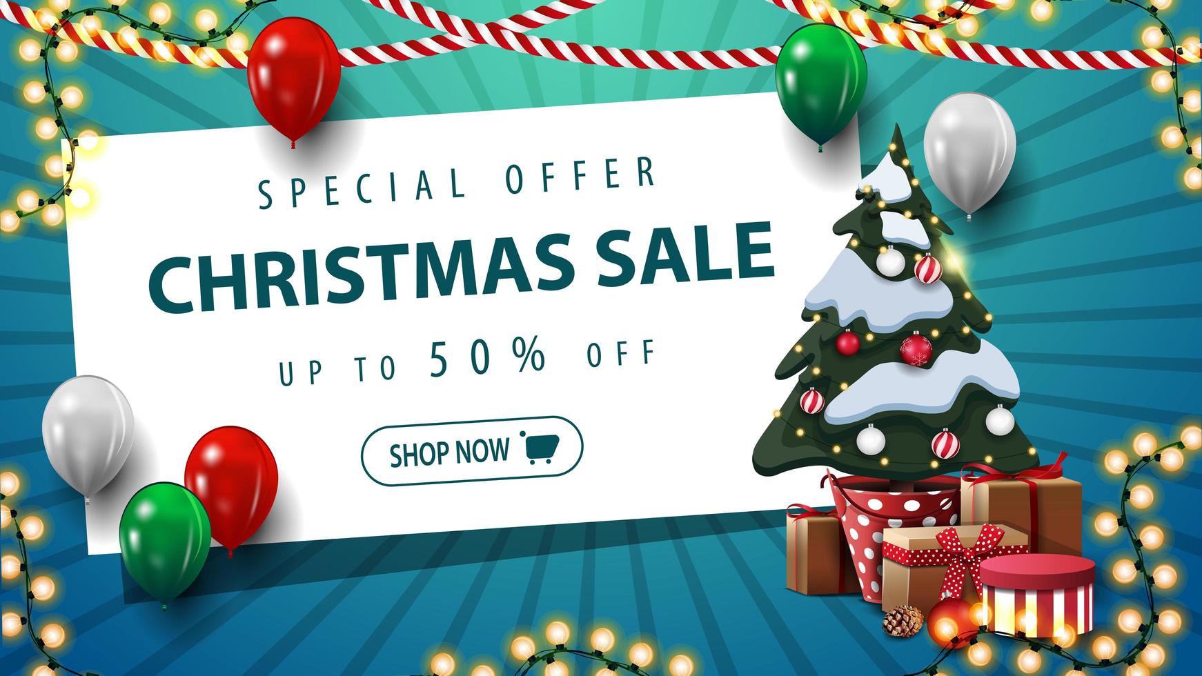 Special offer, Christmas sale, up to 50 off, blue discount banner with balloons, garland, white paper sheet and Christmas tree in a pot with gifts vector