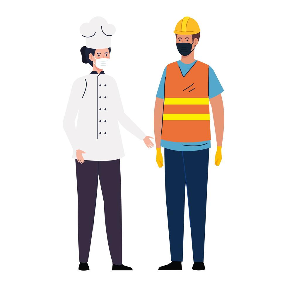 Trabajador de la construcción con chef hembra con mascarilla durante el covid 19 sobre fondo blanco. vector