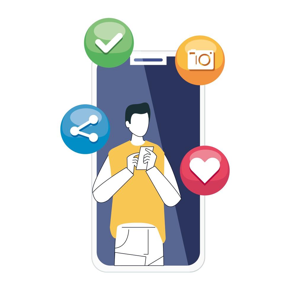 man and smartphone with social media icons, concept of online communication on white background vector