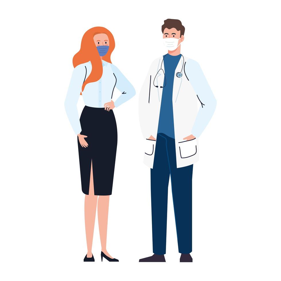 doctor with secretary worker using face mask during covid 19 on white background vector