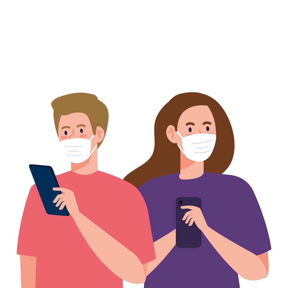 Woman and man with medical masks holding smartphone vector design