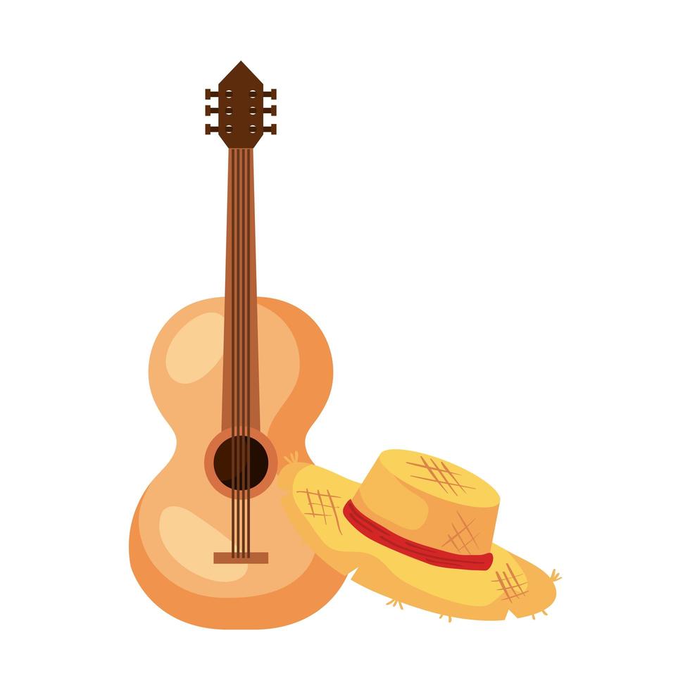 Guitarra clásica de madera con sombrero de mimbre sobre fondo blanco. vector