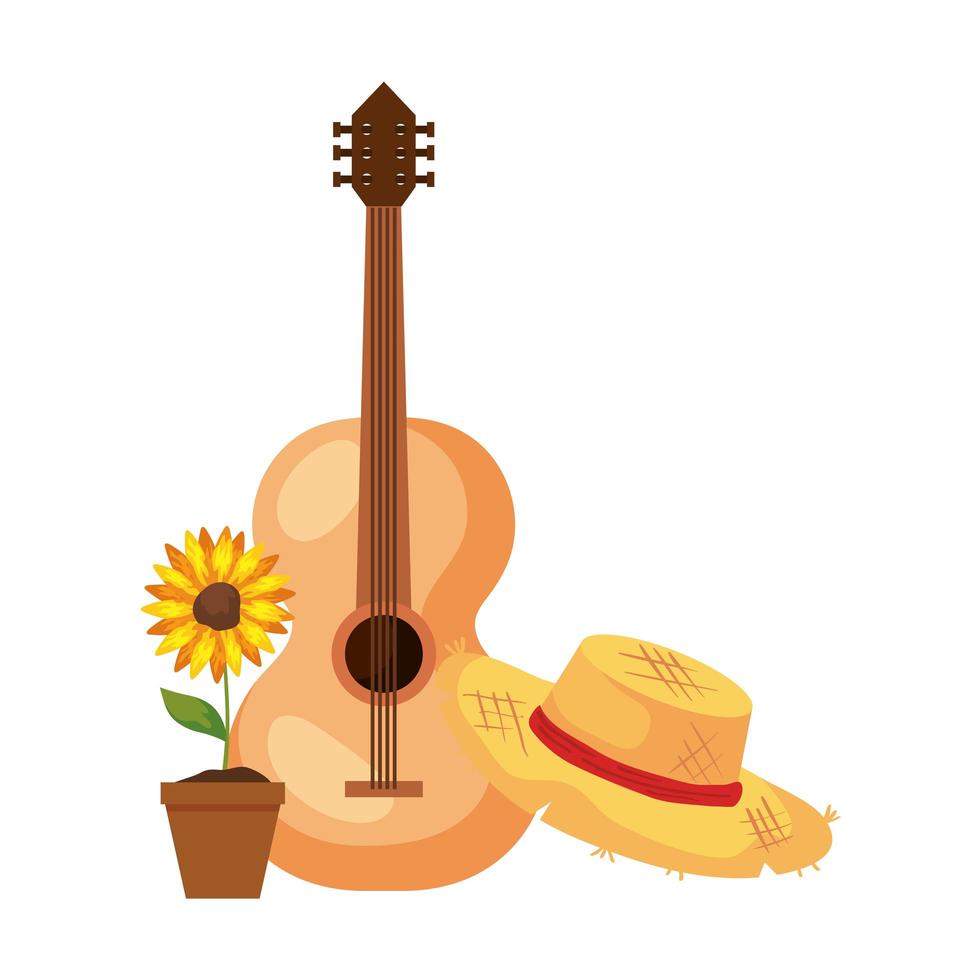 Girasol con sombrero de mimbre y guitarra clásica de madera sobre fondo blanco. vector