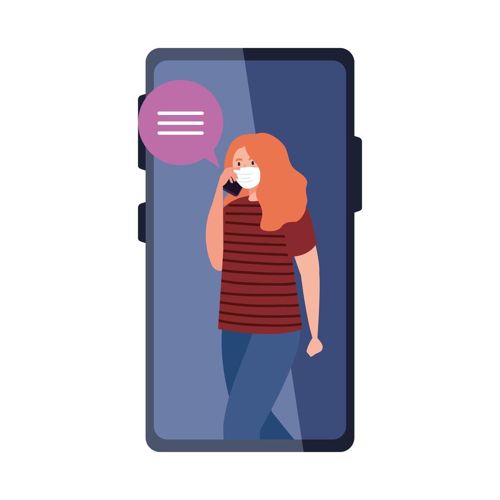 Woman with medical mask holding smartphone and bubble vector design