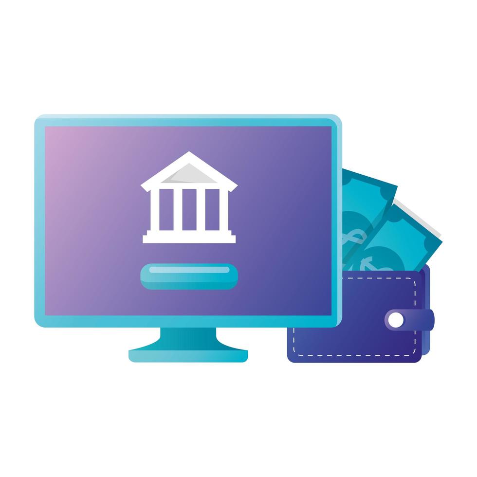 Isolated computer with bank and wallet with bills vector design