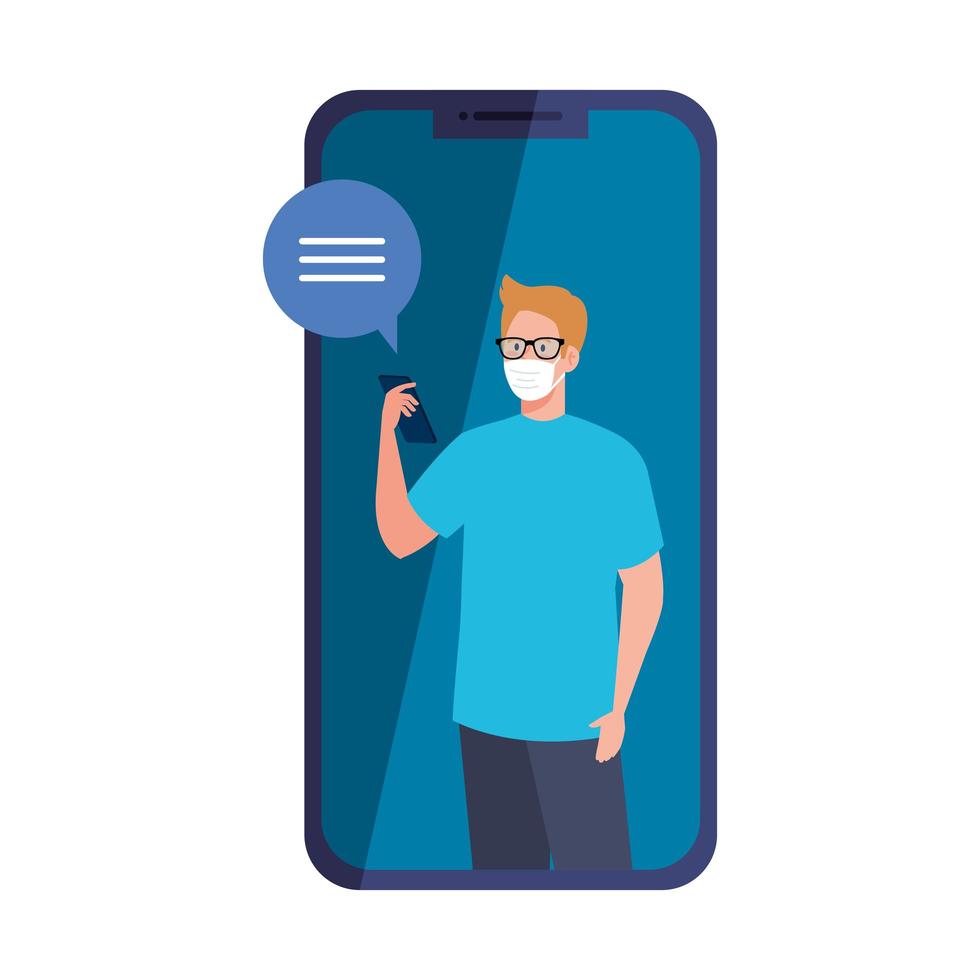 Man with medical mask holding smartphone and bubble vector design