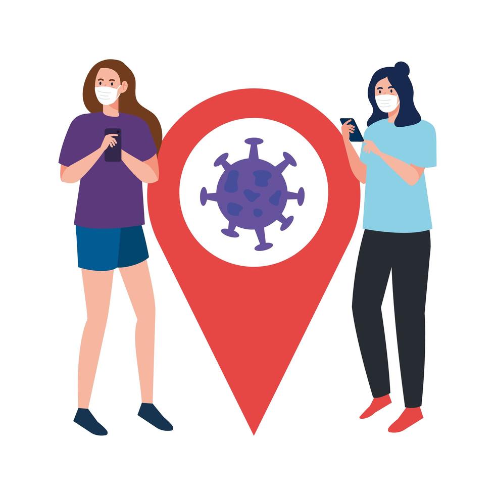 mujeres con máscaras smartphone y virus covid 19 dentro de gps marca diseño vectorial vector