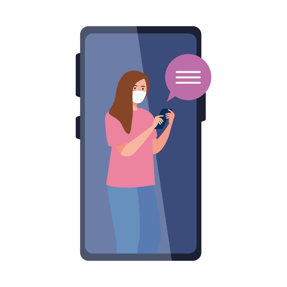 Woman with medical mask holding smartphone and bubble vector design