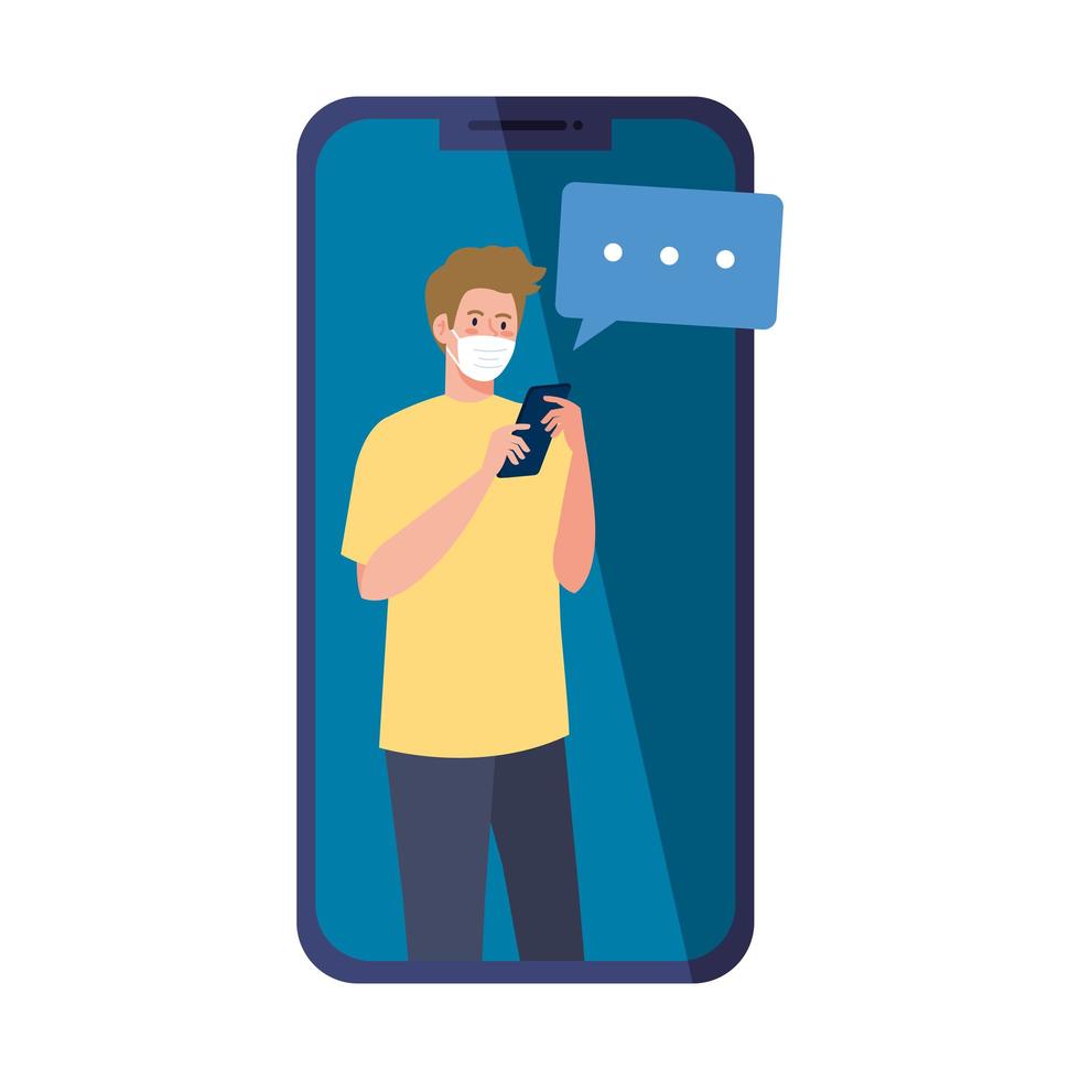 Man with medical mask holding smartphone and bubble vector design