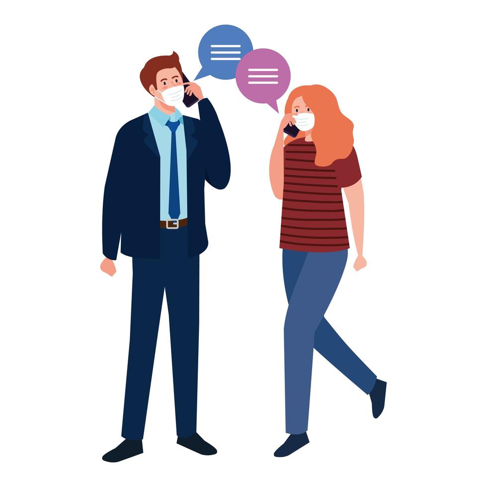 Woman and man with medical masks holding smartphone and bubbles vector design