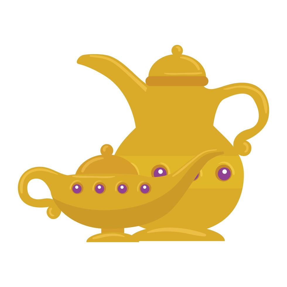 golden arabian teapot with magic lamp, arabic culture heritage on white background vector