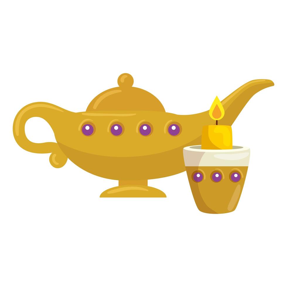 golden arabian magic lamp with candle on white background vector