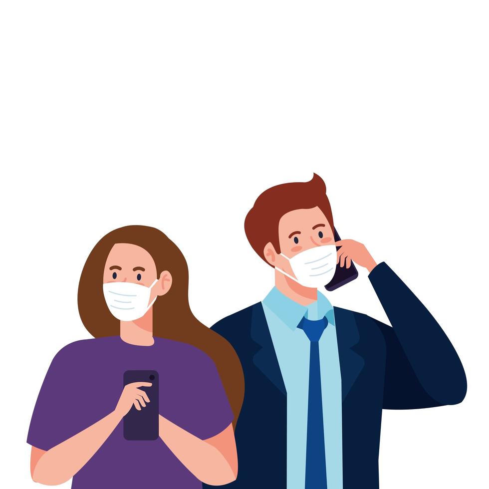 Mujer y hombre con máscaras médicas con diseño vectorial de teléfono inteligente vector