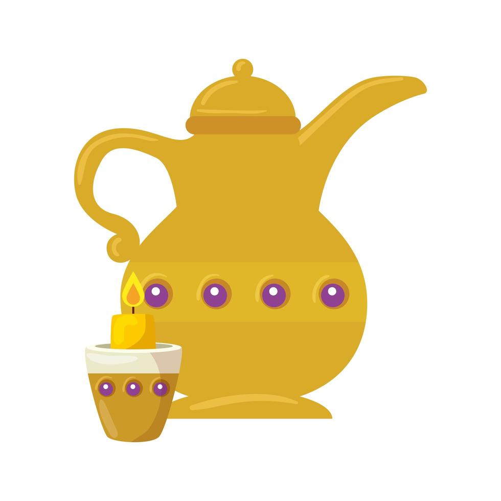 golden arabian teapot with candle, arabic culture heritage on white background vector