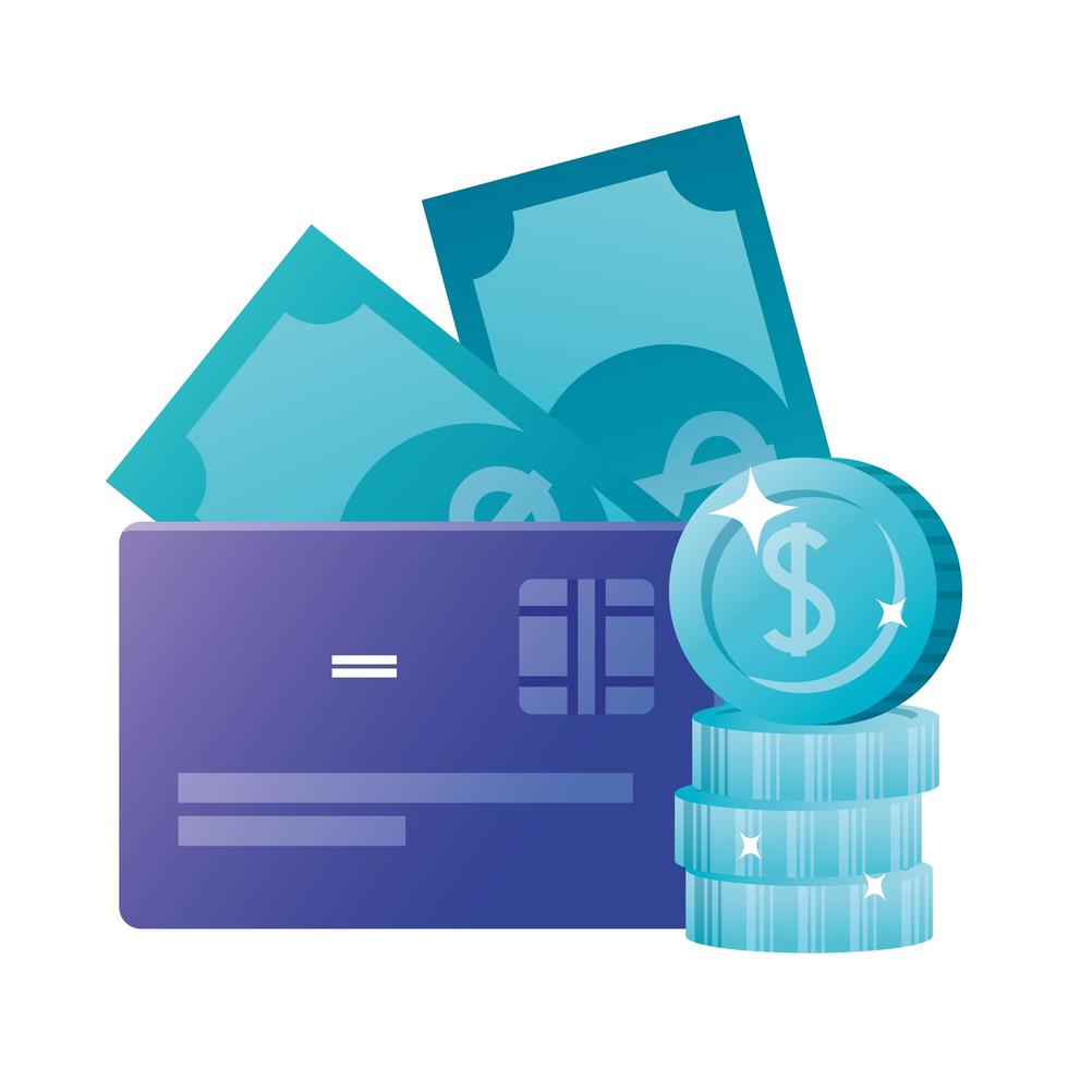 Isolated credit card coins and bills vector design