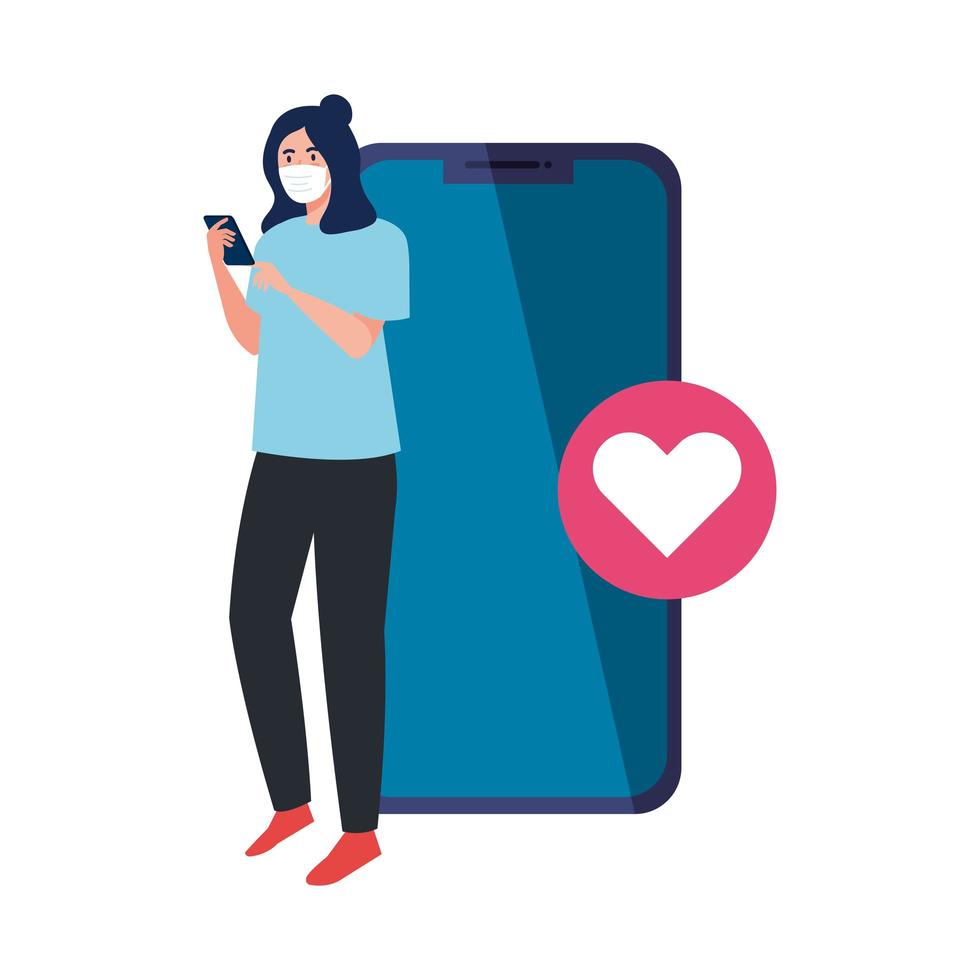 Woman with medical mask holding smartphone and heart icon vector design