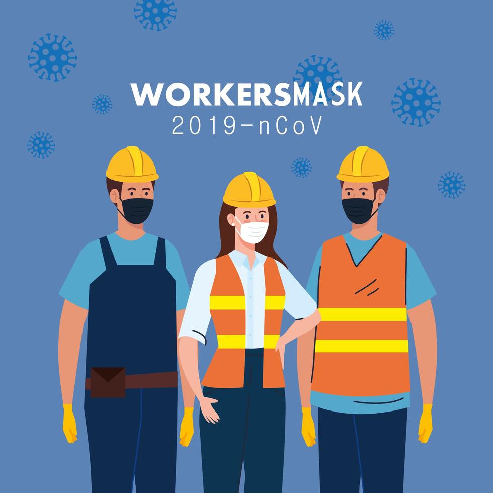 female and male constructers with uniforms and masks vector design