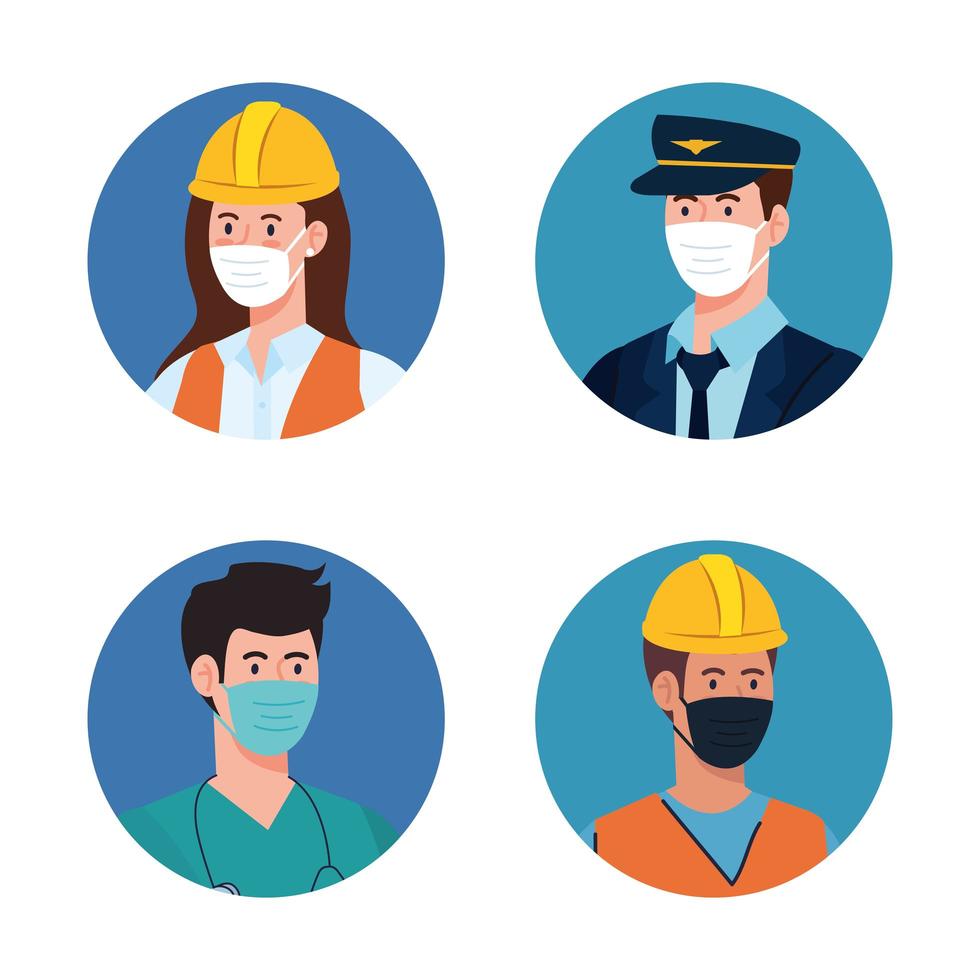 people workers with uniforms and worker masks vector design