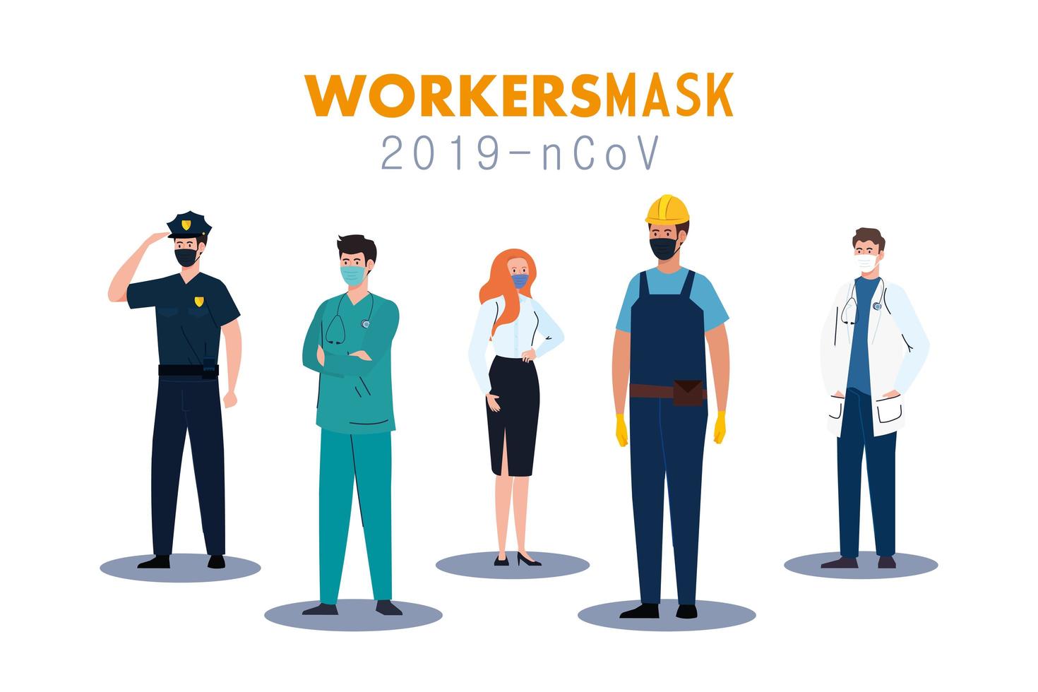 people workers with uniforms and worker masks vector design