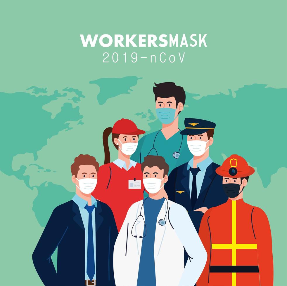 Trabajadores de personas con máscaras de trabajadores y diseño de vector de mapa mundial