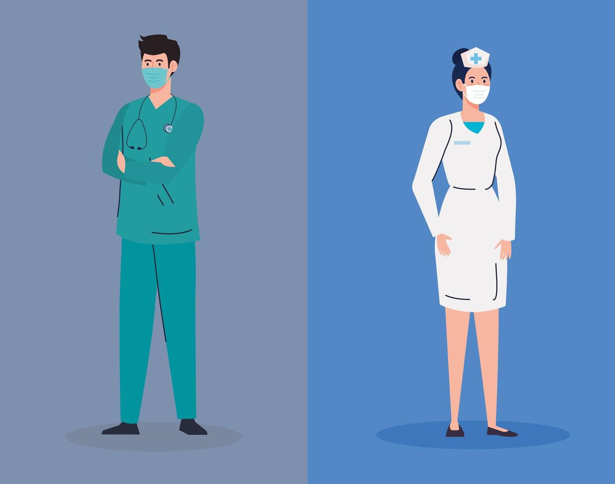 Enfermera y médico femenino y masculino con uniformes y máscaras de diseño vectorial vector