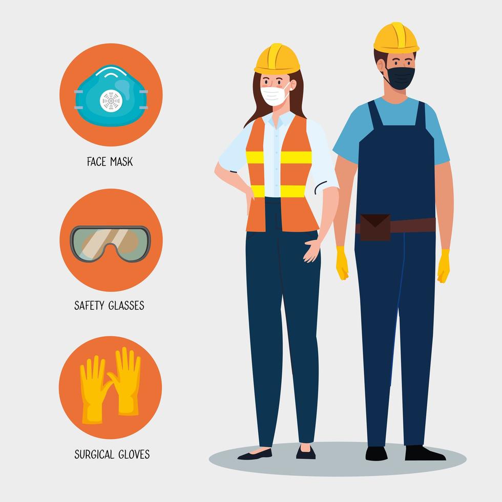 female and male constructers with uniforms and masks vector design