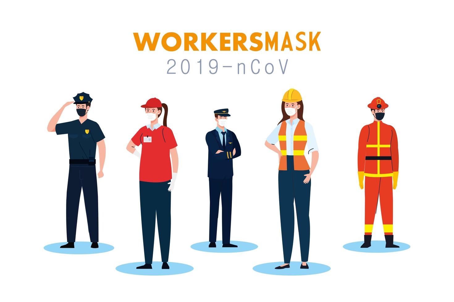 people workers with uniforms and worker masks vector design