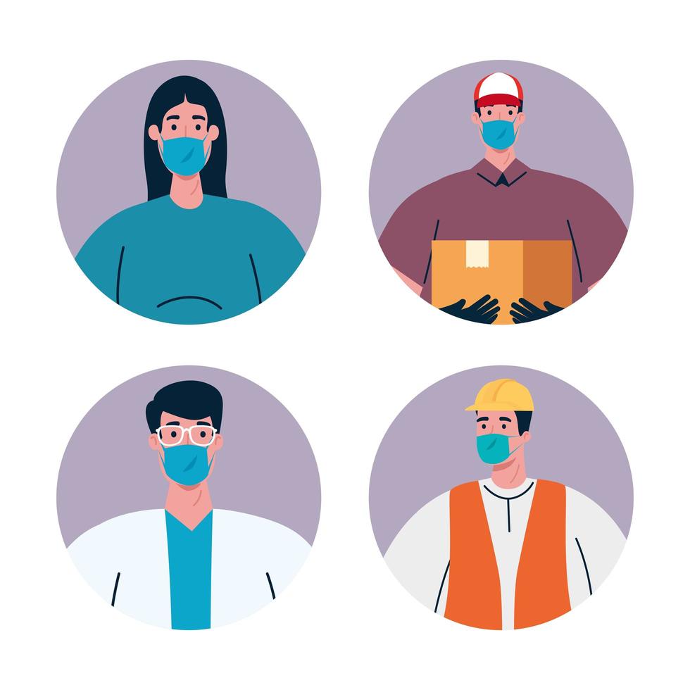 Trabajadores de personas con uniformes y máscaras de trabajadores diseño vectorial vector